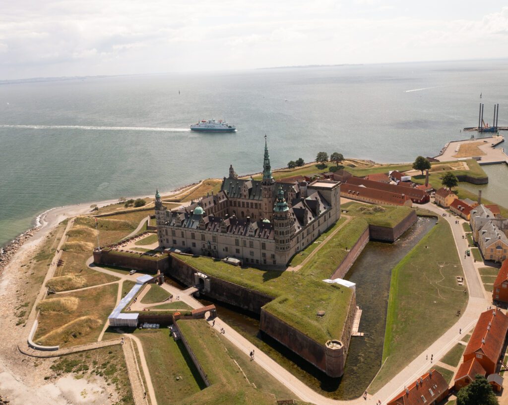 Kronborg Castle Denmark droneshot by the sea